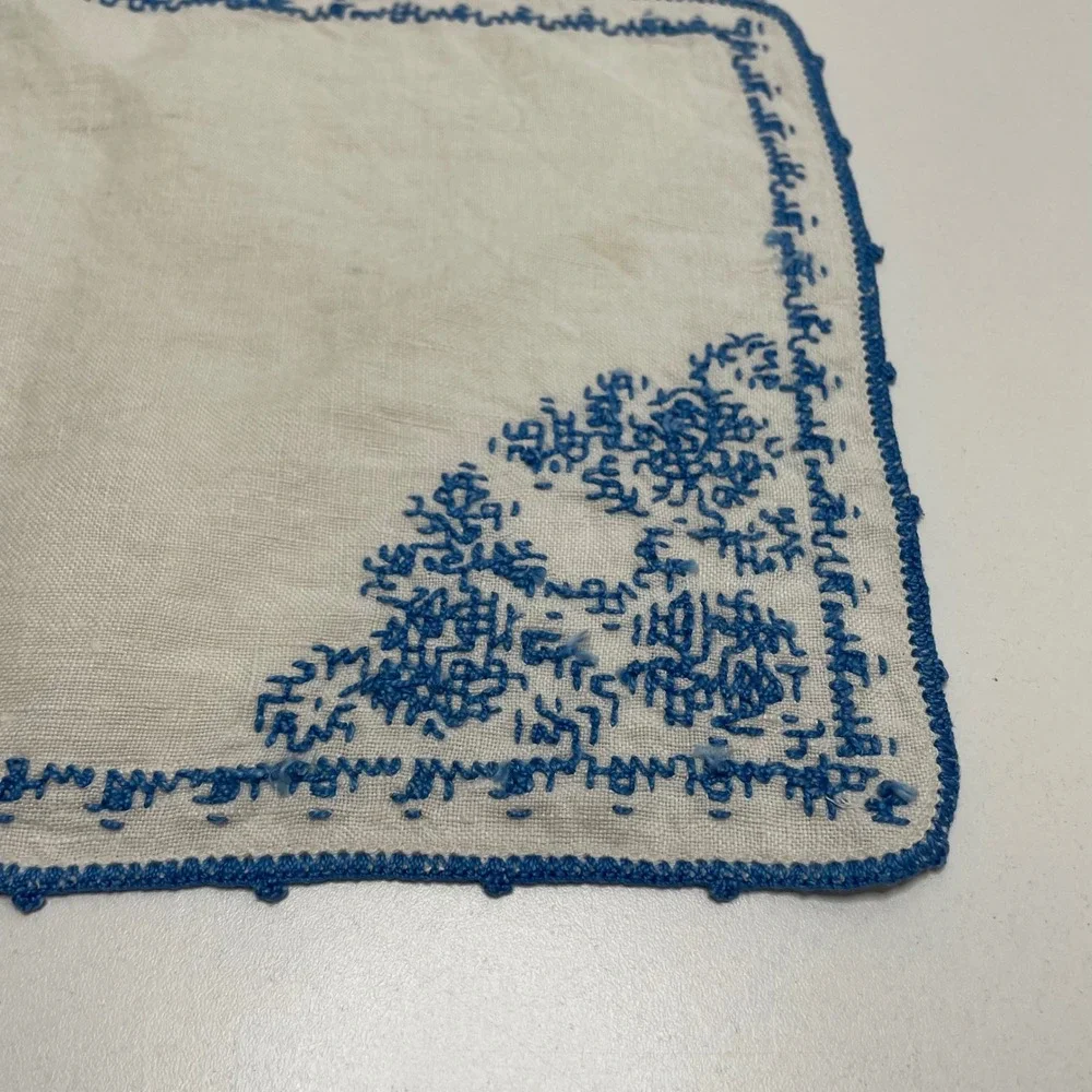 Vintage Handmade Blue Cross Stitch Linen Placemats Set 6 Floral Crocheted Edge